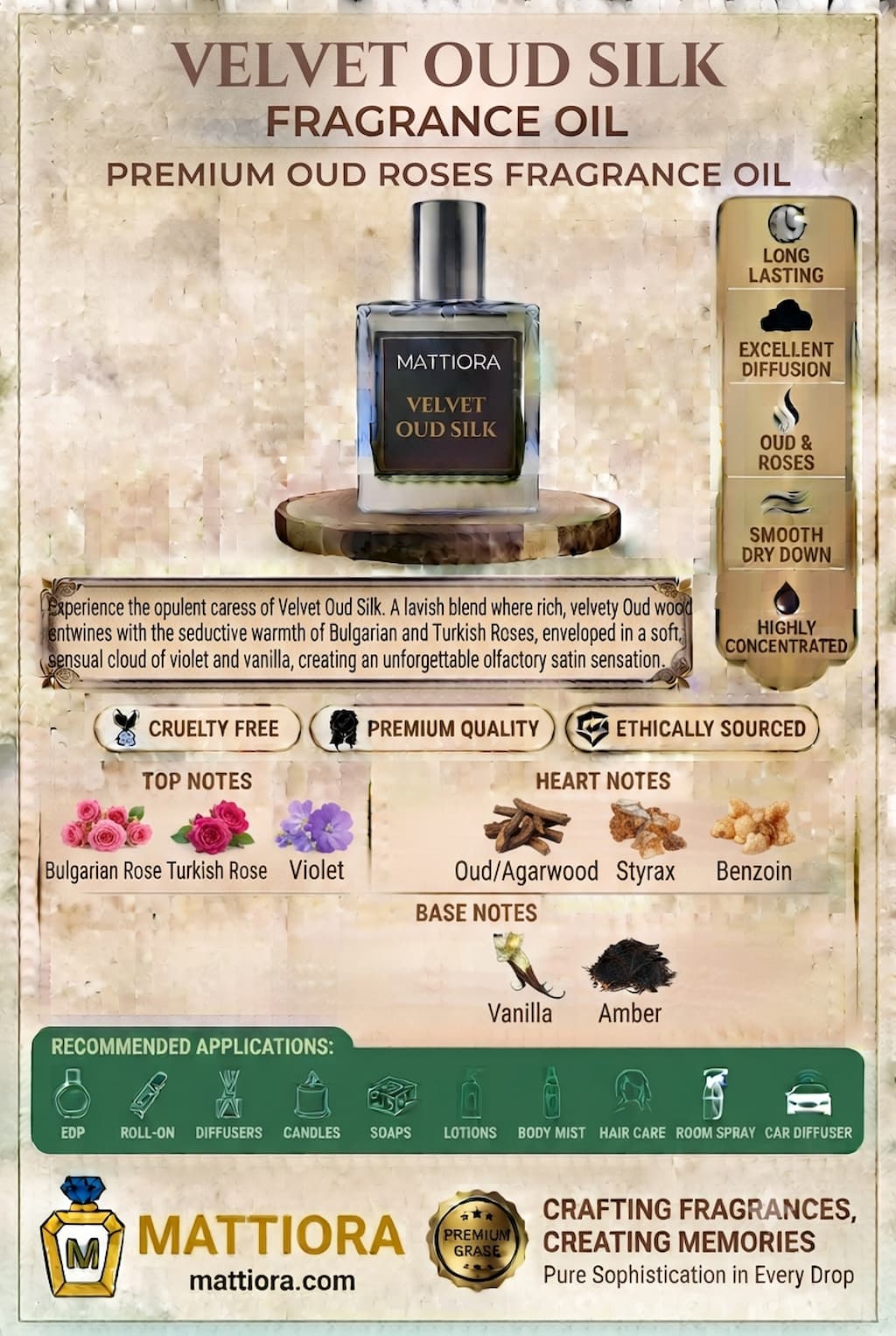 Velvet Oud Silk Premium Oud Roses Fragrance Oil | Mattiora • Premium Inspired Fragrance Oils